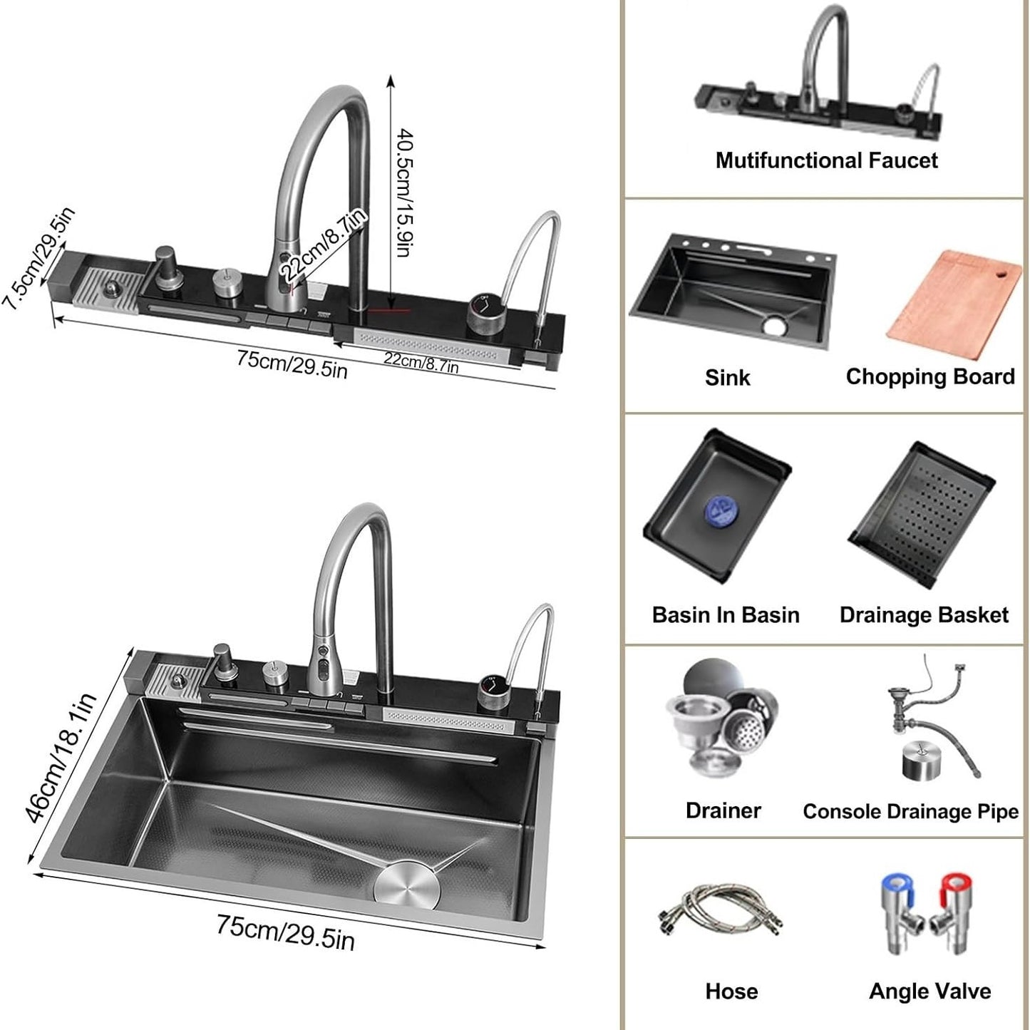 Multifunctional Workstation Kitchen Sink with Digital Display Pull-Out Faucet and Accessories