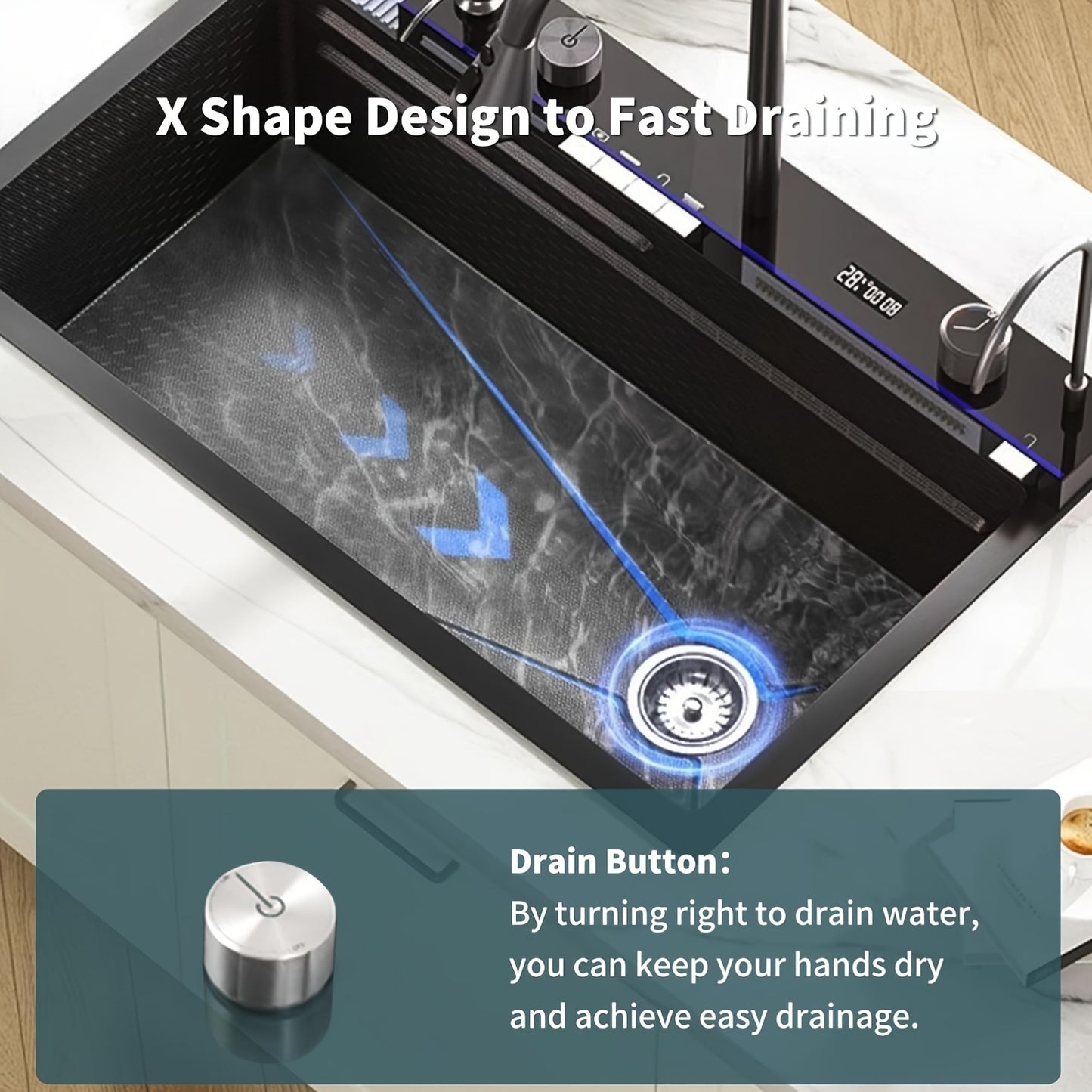 33.5 Inch Stainless Steel Smart Kitchen Sinks, Multifunctional Workstation Kitchen Sink With Digital Display Pull-Out Faucet And Accessories