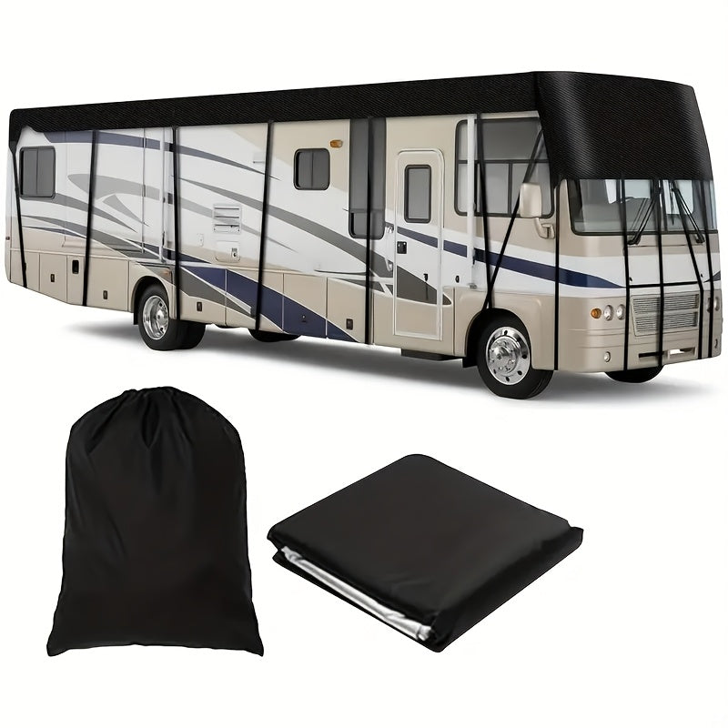 All-Weather RV Cover for Campers, Travel Trailers & Buses - Waterproof, Snow, Frost, Leaf, Rain & Dust Protection with Sun Shield, Lightweight Storage Bag, Adjustable Elastic Band + Hooks for Easy Installation