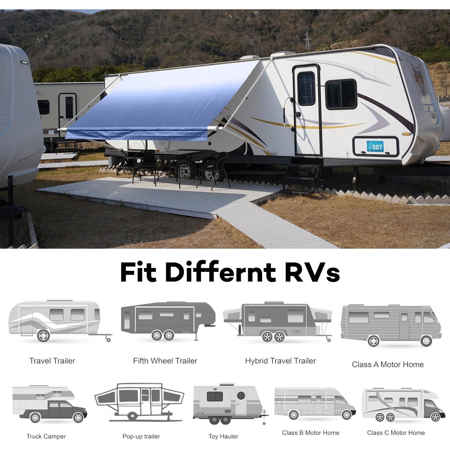 16' RV Awning Fabric Replacement Weatherproof Anti-Fading Awning Fabric Vinyl Canopy, Blue Fade (Fabric 15'2")