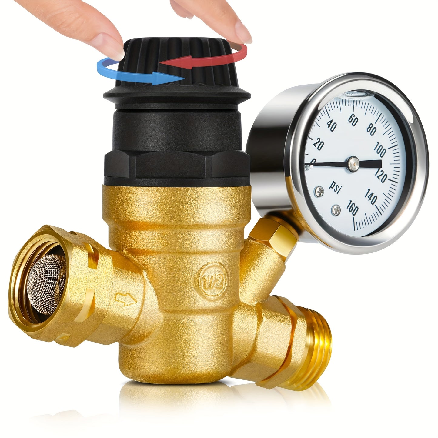 RV Water Pressure Regulator, Adjustable Handle Brass Lead-Free Reducer Valve, Water Pressure Regulator With Gauge And 2 Inlet Screened Filters