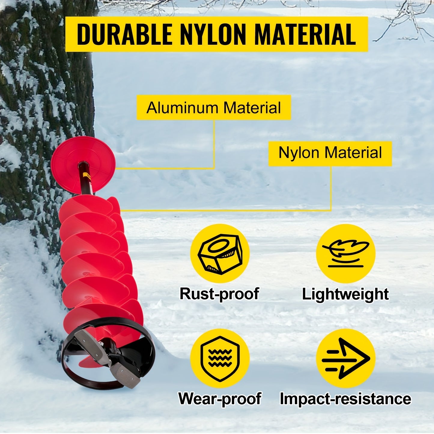 Ice Drill Auger, 8'' Diameter Nylon Ice Auger, 41'' Length Ice Auger Bit