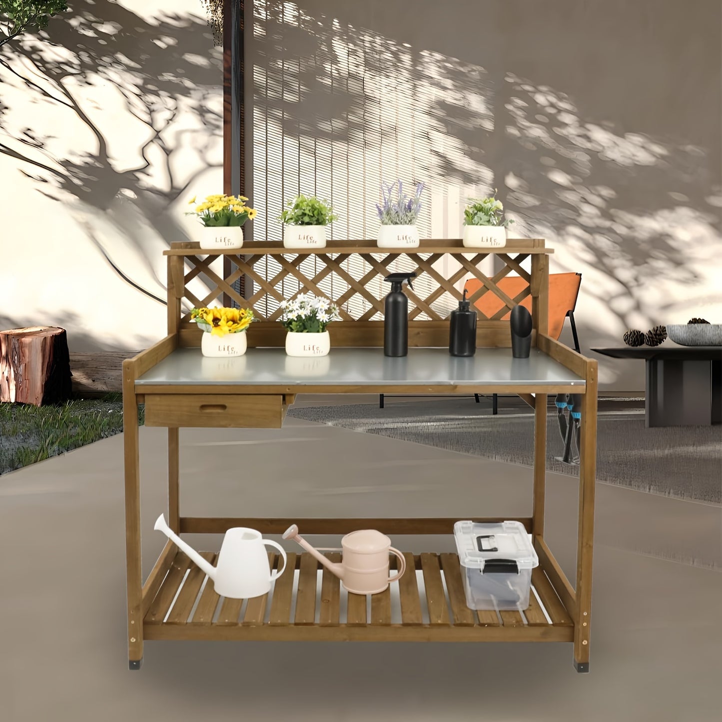 Wooden Potting Bench Table, Natural Wood Garden Work Station With Metal Table Top, Drawer, Large Bottom Shelf