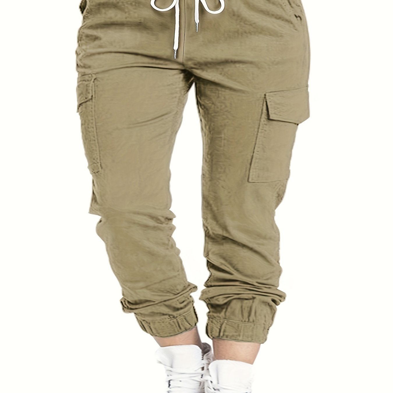 Plus Size Flap Pockets Fitted Bottom Cargo Pants, Drawstring Pants