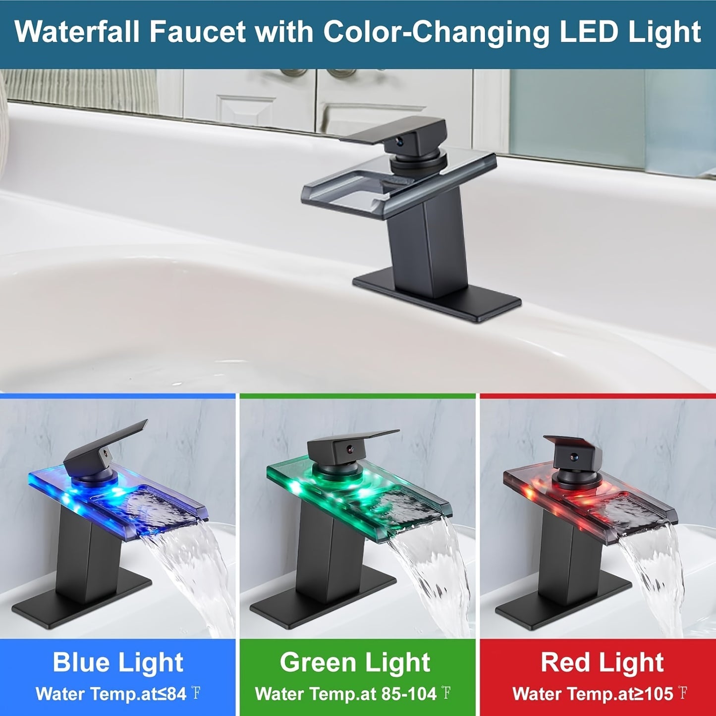 LED Bathroom Sink Faucet, Waterfall Single Handle Hole Bathroom Faucet