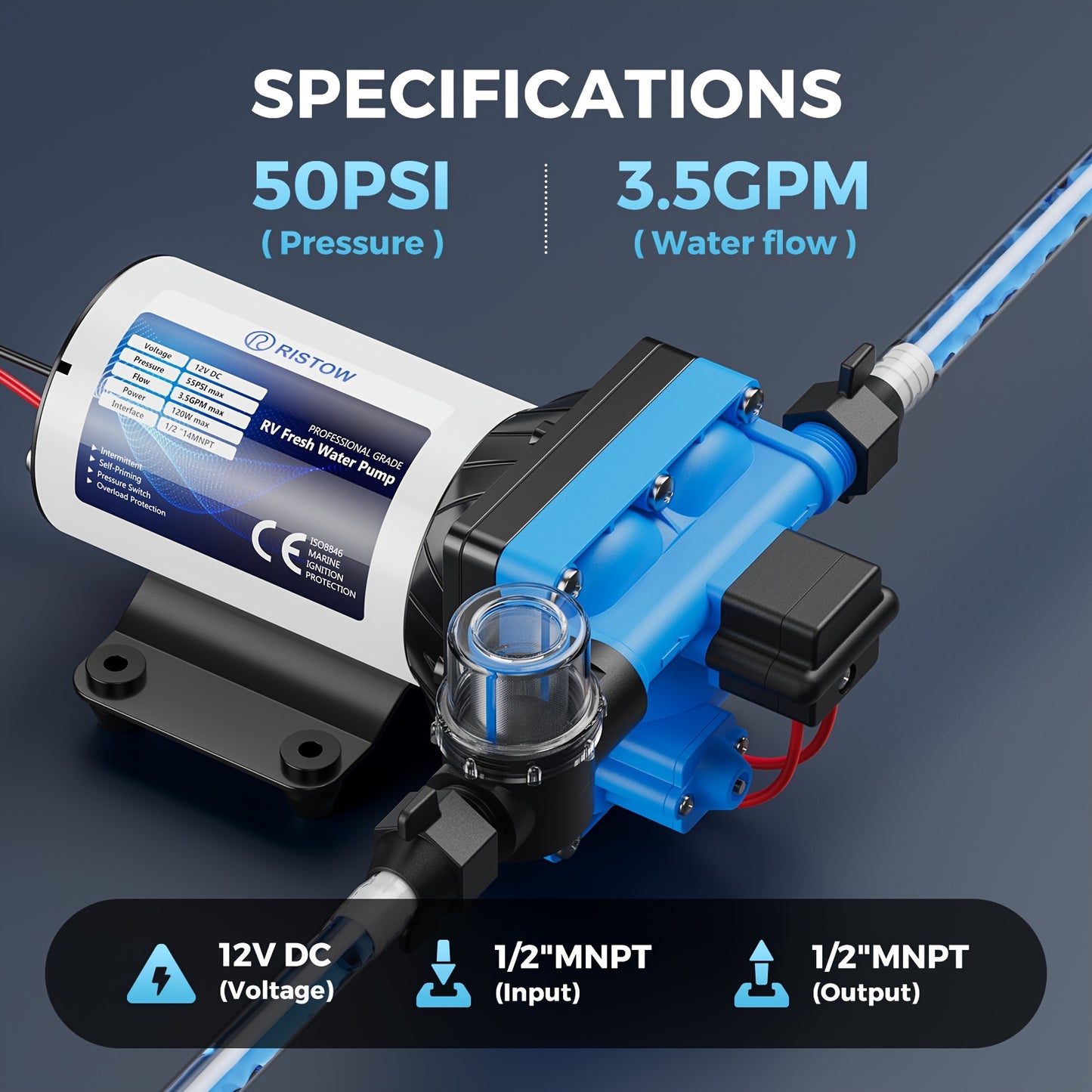 High-Performance 12V RV Water Pump - 3.5GPM, 50PSI Self-Priming Diaphragm with Filter & Adapter for RVs