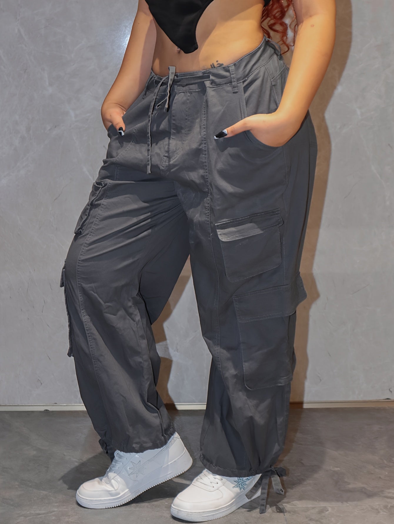 Women's High-Waist Cargo Jeans - Loose Fit, Straight Leg, Pants with Multiple Pockets, Machine Washable