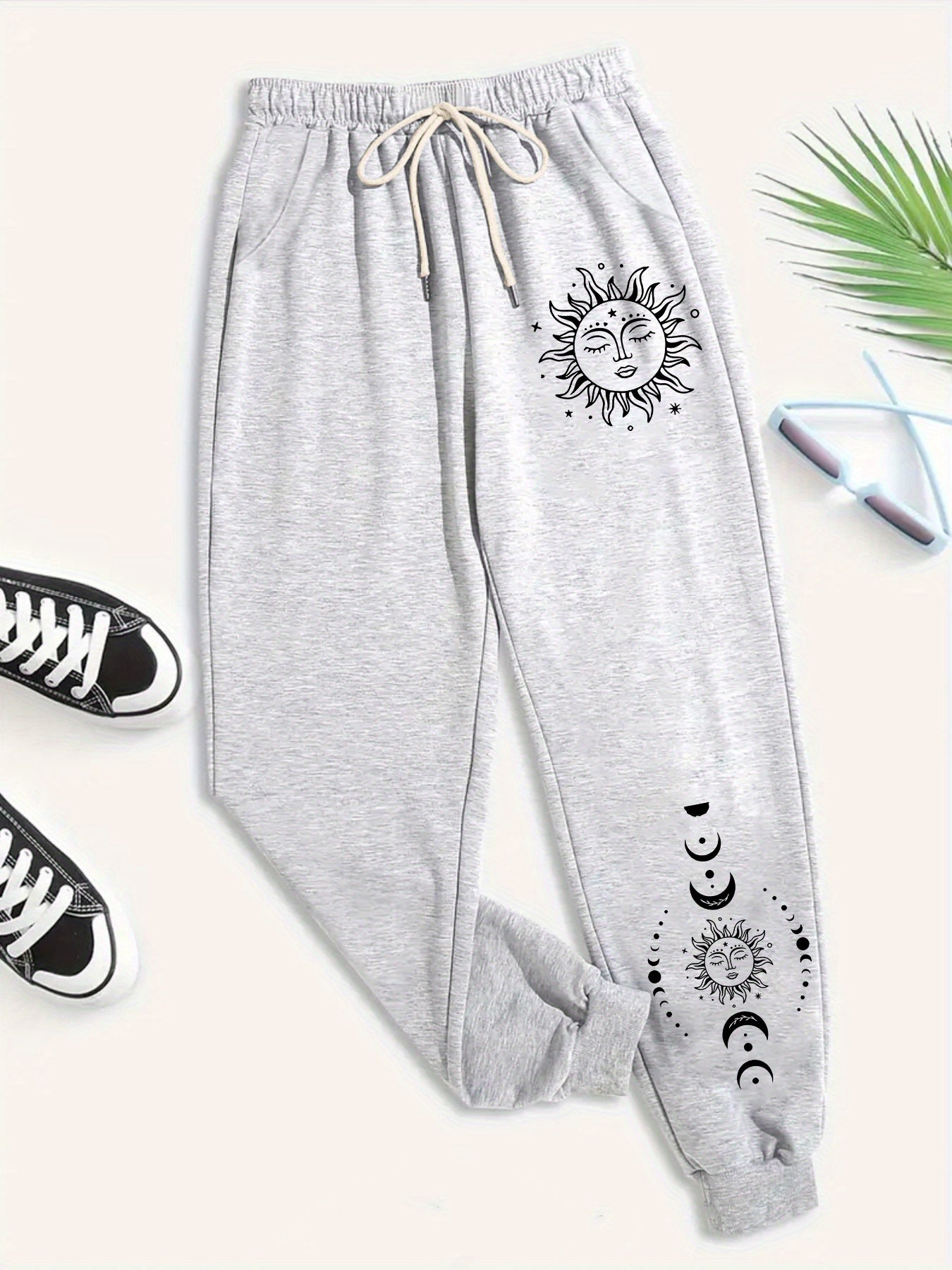 Plus Size Women's Jogger Pants with Sun & Moon Graphics