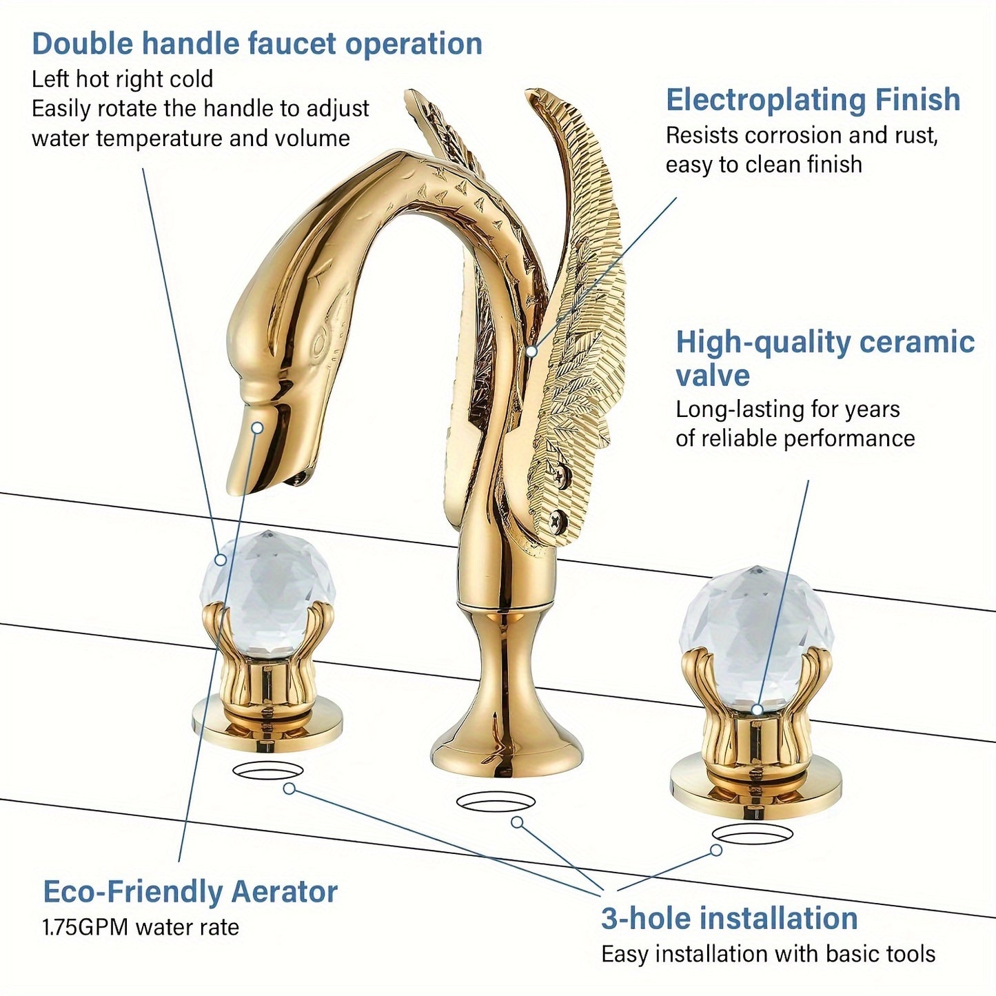 Bathroom Swan Basin Sink Faucet Golden 8-Inch 3 Hole 2 Crystal Handle Deck Mount