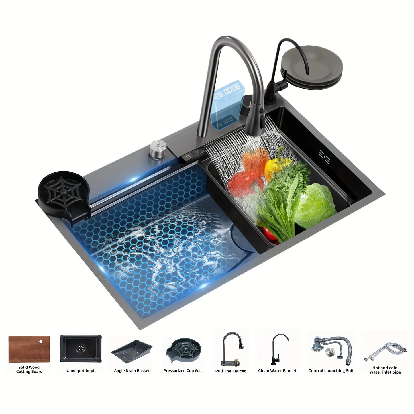 Waterfall Kitchen Sink, 30"/31.5" Drop In Smart Stainless Steel Kitchen Sink With Digital Display And Multifunctional Faucet