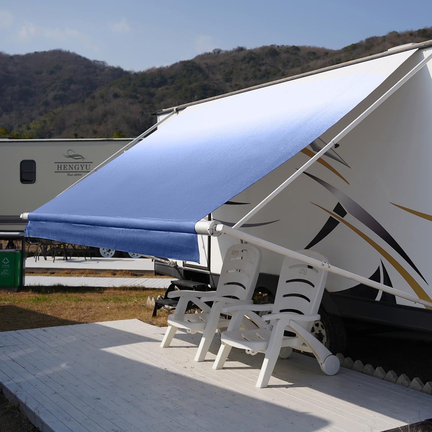 16' RV Awning Fabric Replacement Weatherproof Anti-Fading Awning Fabric Vinyl Canopy, Blue Fade (Fabric 15'2")