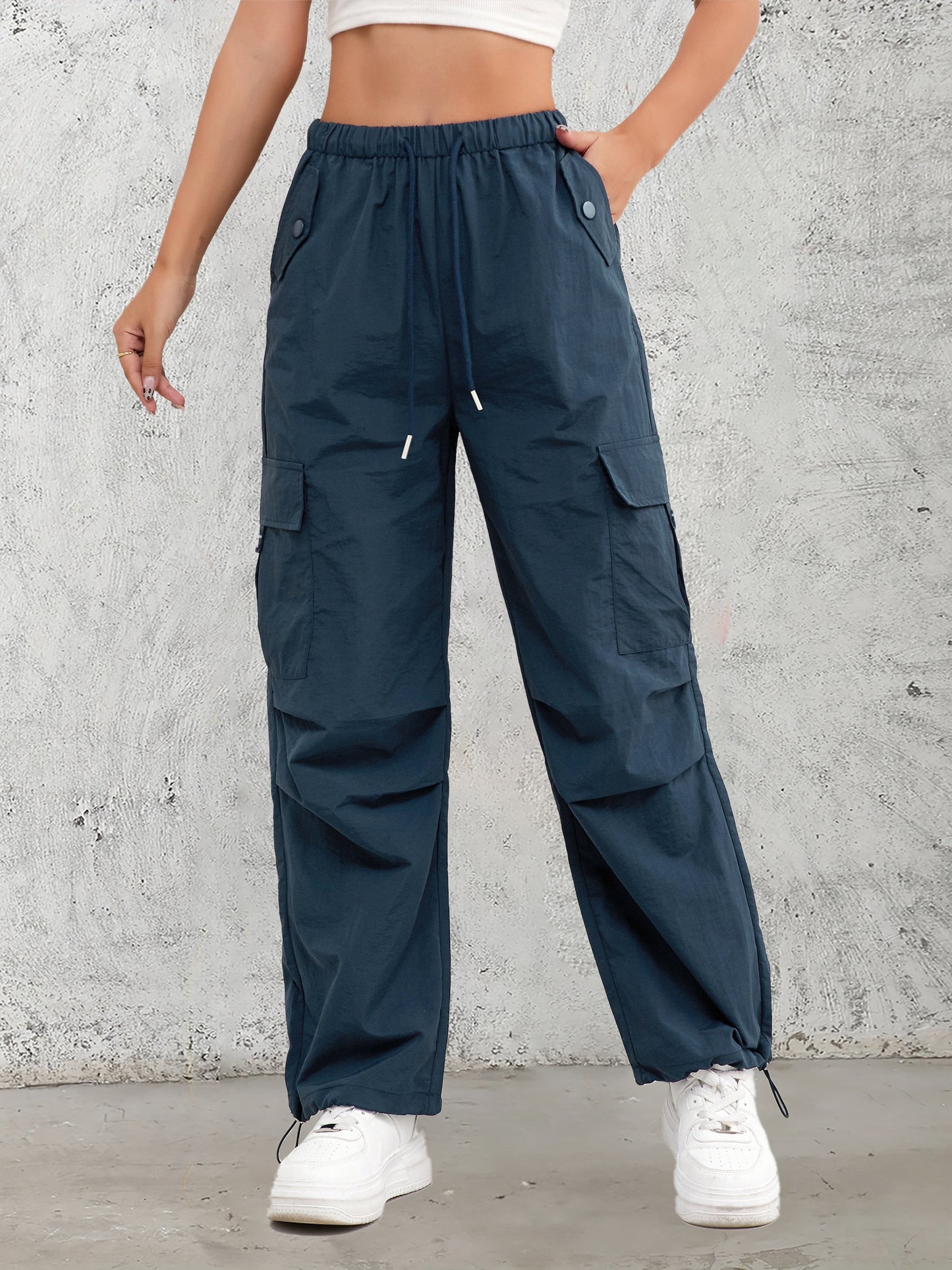 Women's High-Waist Cargo Pants with Elastic Drawstring Waistband, Multi-Pocket Design