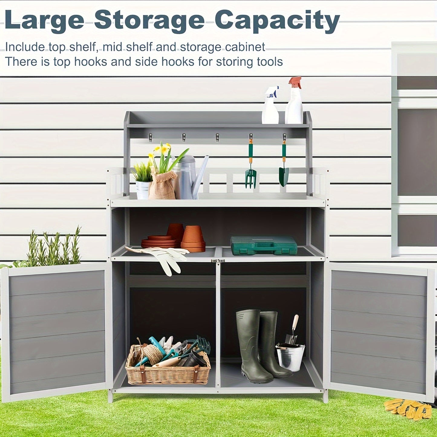 Outdoor Potting Bench, Outdoor Planting Workbench Table Wooden Storage Plant Table Cabinet Gardening Table For Patio,