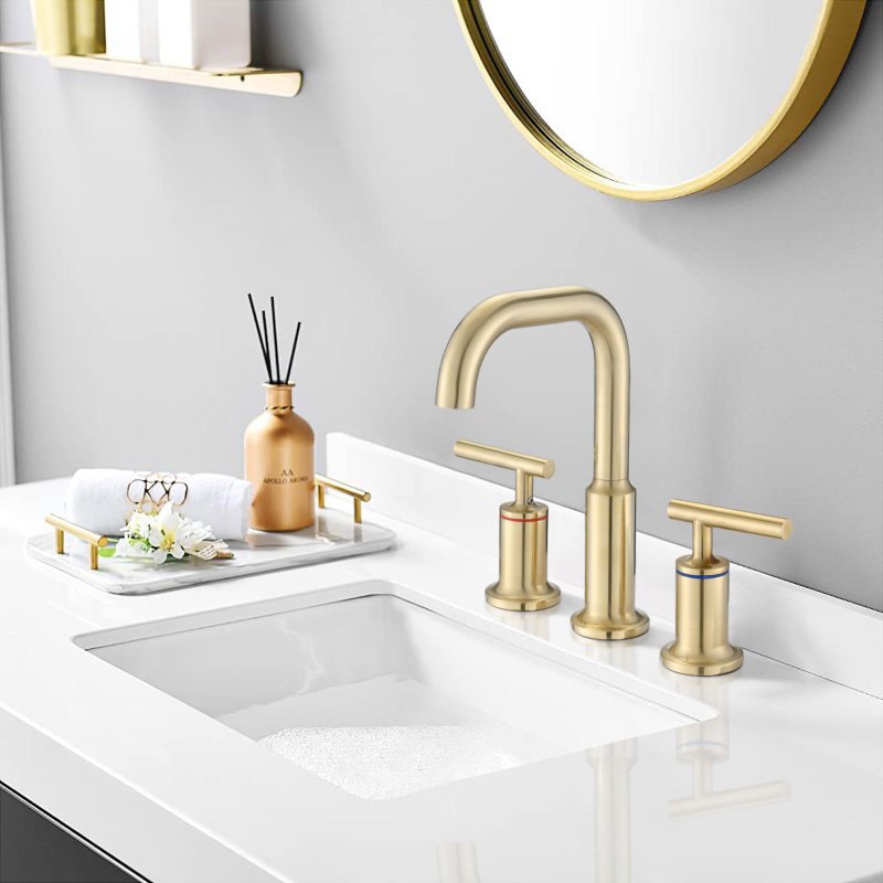 Widespread Bathroom Faucet 3 Hole 2 Handle Vanity Sink Faucet Brushed Golden