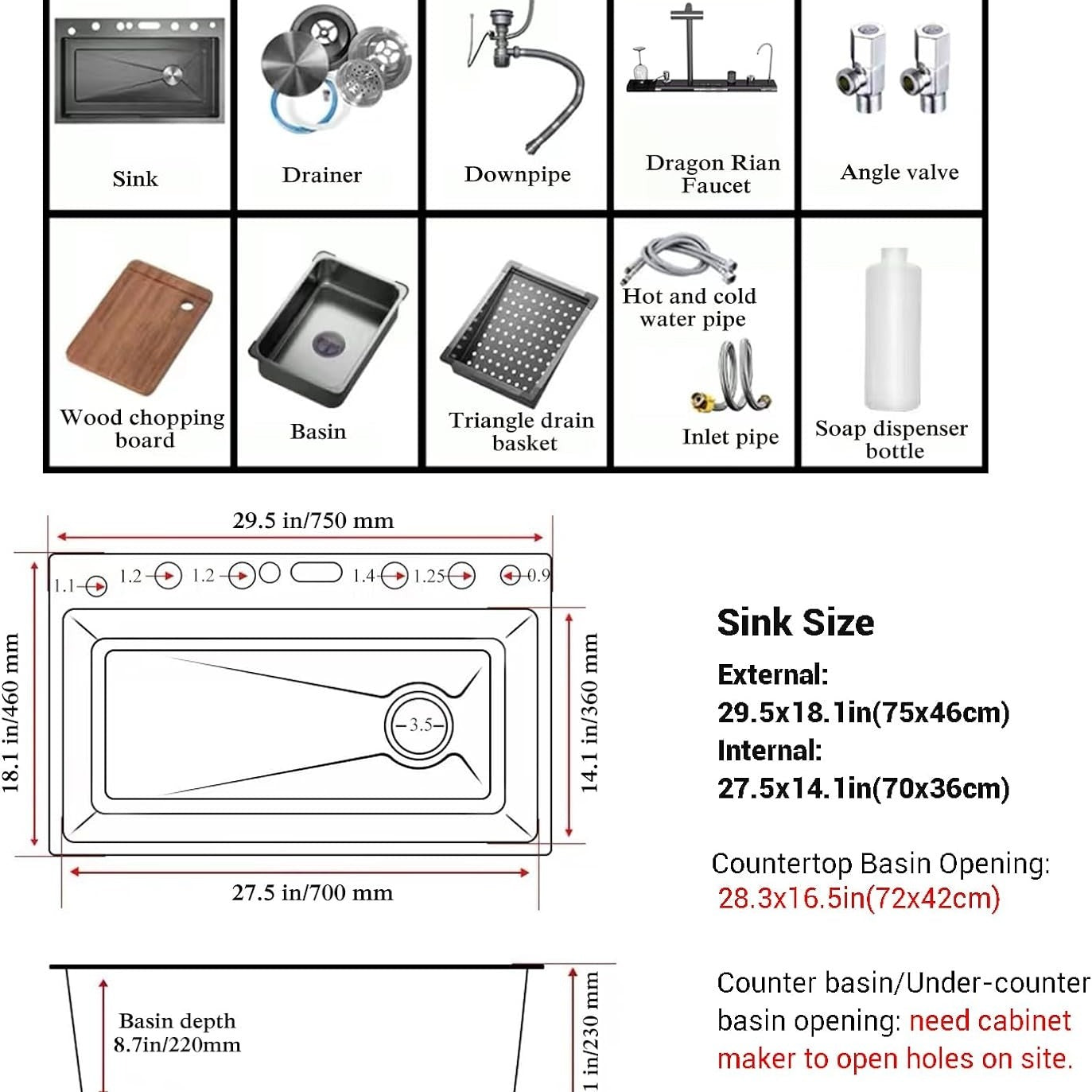 29.5 x 18.1 inch Stainless Steel Honeycomb Single Bowl Kitchen Sinks, Digital Display Double Waterfall Sink, With Pull-out Swivel Faucet and Pressurized Cup Washer (29.5 x 18.1 inch)