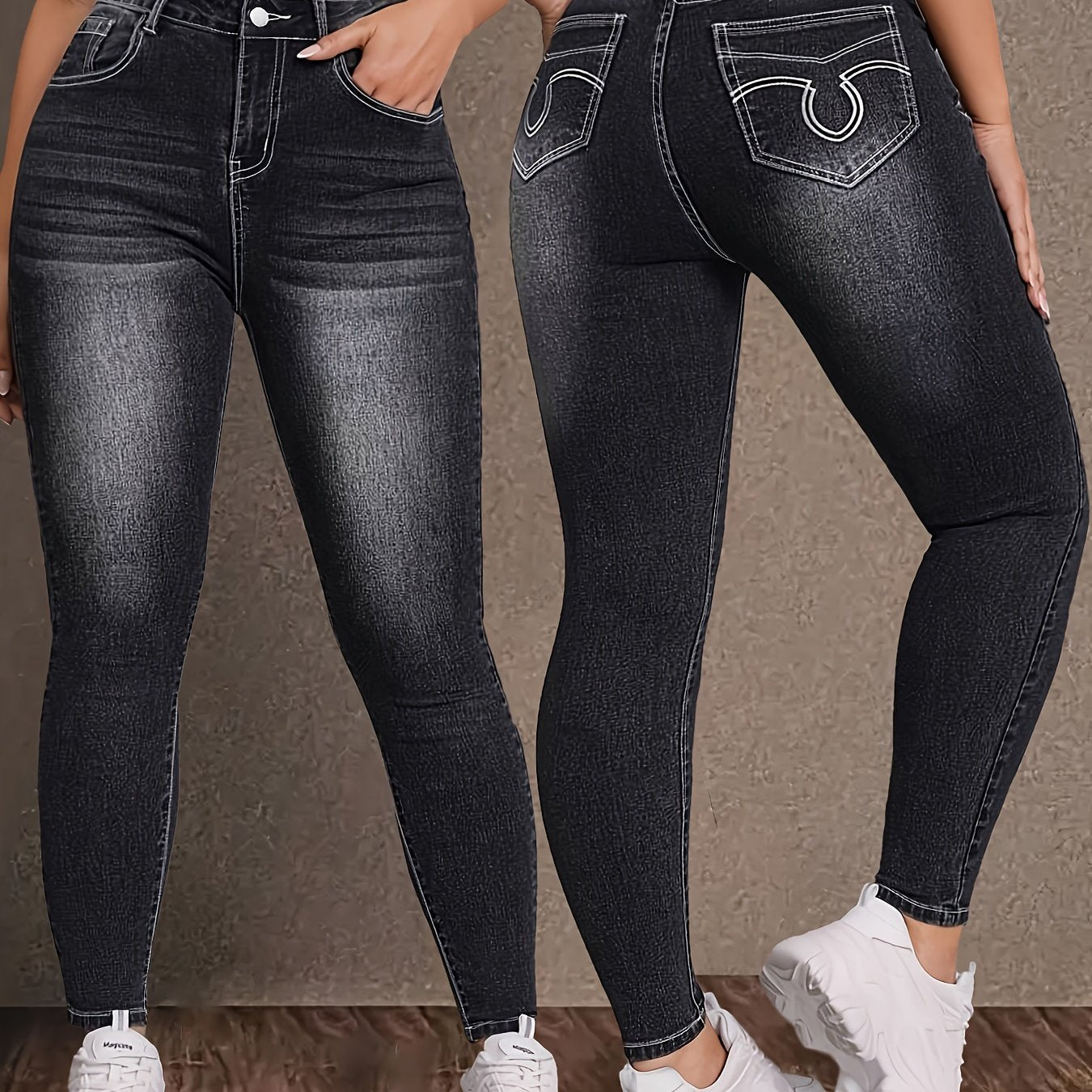 Vintage Black High-Waist Stretch Denim Jeans - Plus Size, Geometric Embroidery, Pockets, Rayon Blend