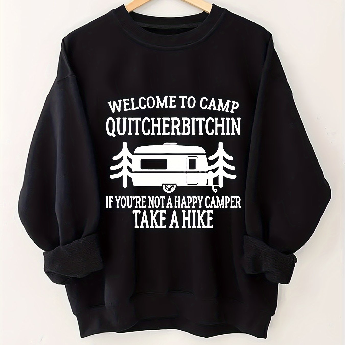 Women's Plus Size Crew Neck Pullover Sweatshirt - Alphabet Print "Welcome to Camp Quitcherbitchin" Graphic