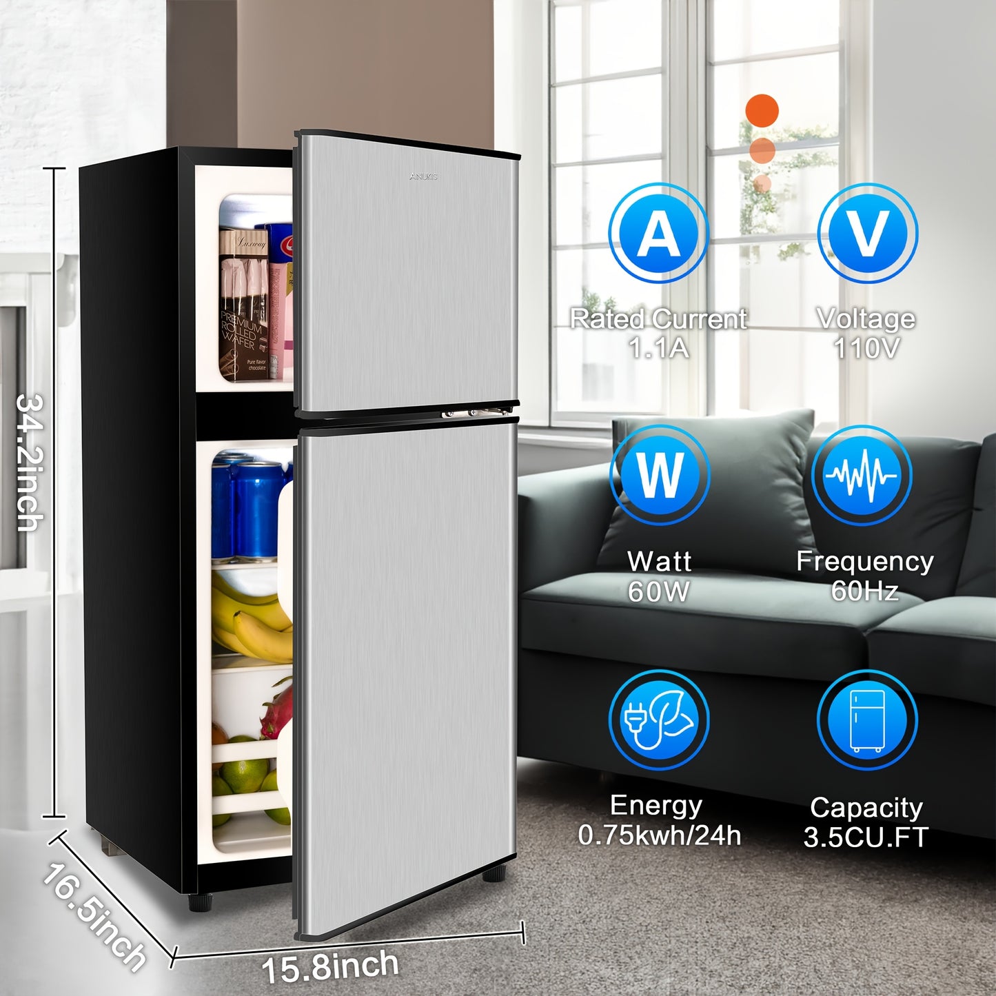 Compact 3.2 CU.FT Mini Fridge with Freezer - Sleek Black & Gray, 2-Door Design, Adjustable Shelves,