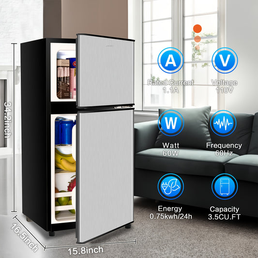 Compact 3.2 CU.FT Mini Fridge with Freezer - Sleek Black & Gray, 2-Door Design, Adjustable Shelves,