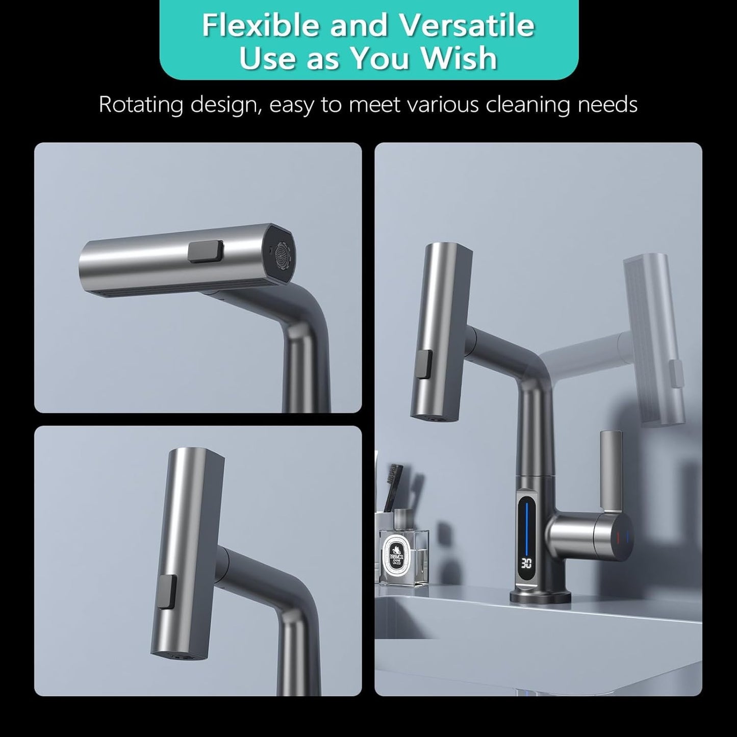 Classic Waterfall Bathroom Faucet with Pull-Down Sprayer, Digital Temperature Display