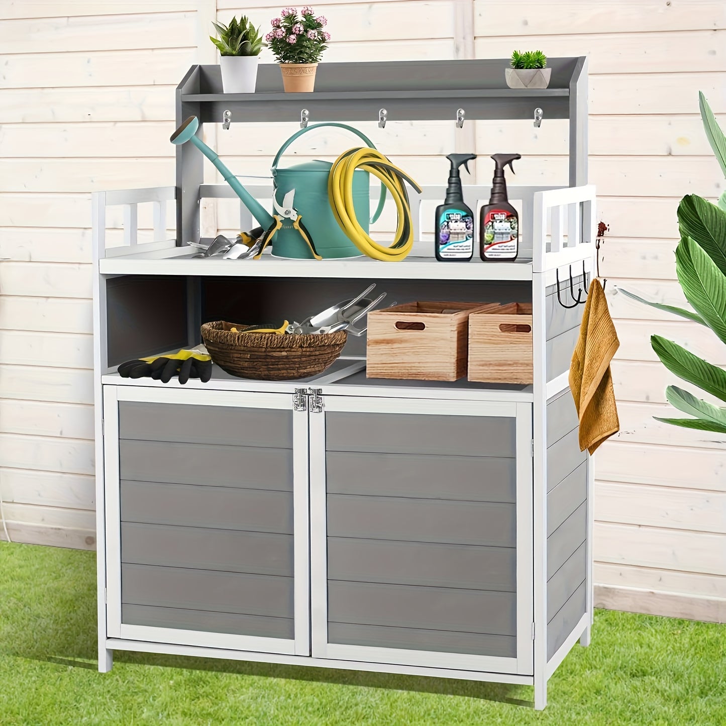 Outdoor Potting Bench, Outdoor Planting Workbench Table Wooden Storage Plant Table Cabinet Gardening Table For Patio,