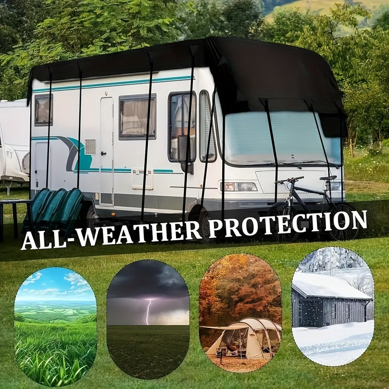 All-Weather RV Cover for Campers, Travel Trailers & Buses - Waterproof, Snow, Frost, Leaf, Rain & Dust Protection with Sun Shield, Lightweight Storage Bag, Adjustable Elastic Band + Hooks for Easy Installation