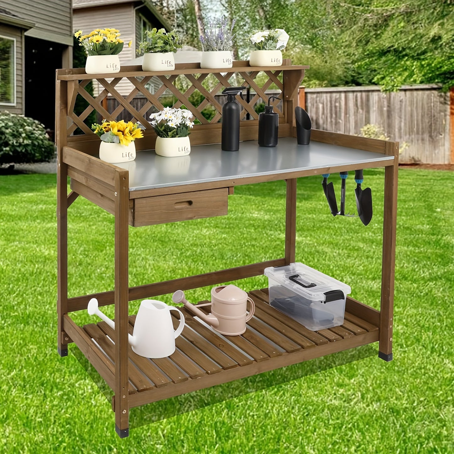 Wooden Potting Bench Table, Natural Wood Garden Work Station With Metal Table Top, Drawer, Large Bottom Shelf