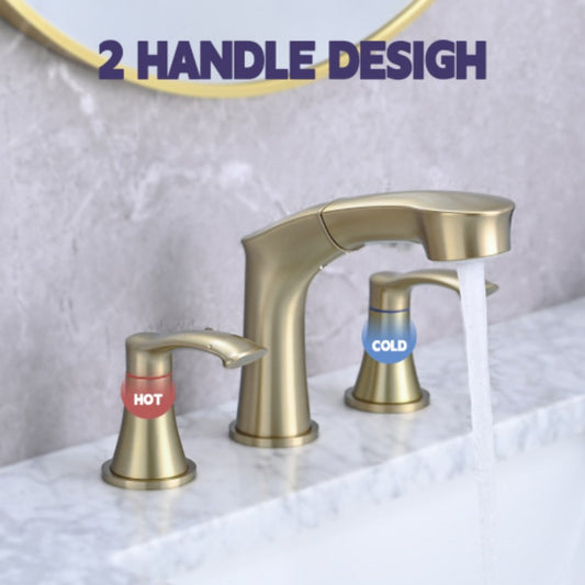 Elegant Golden Widespread Bathroom Sink Faucet with Pull-Out Sprayer