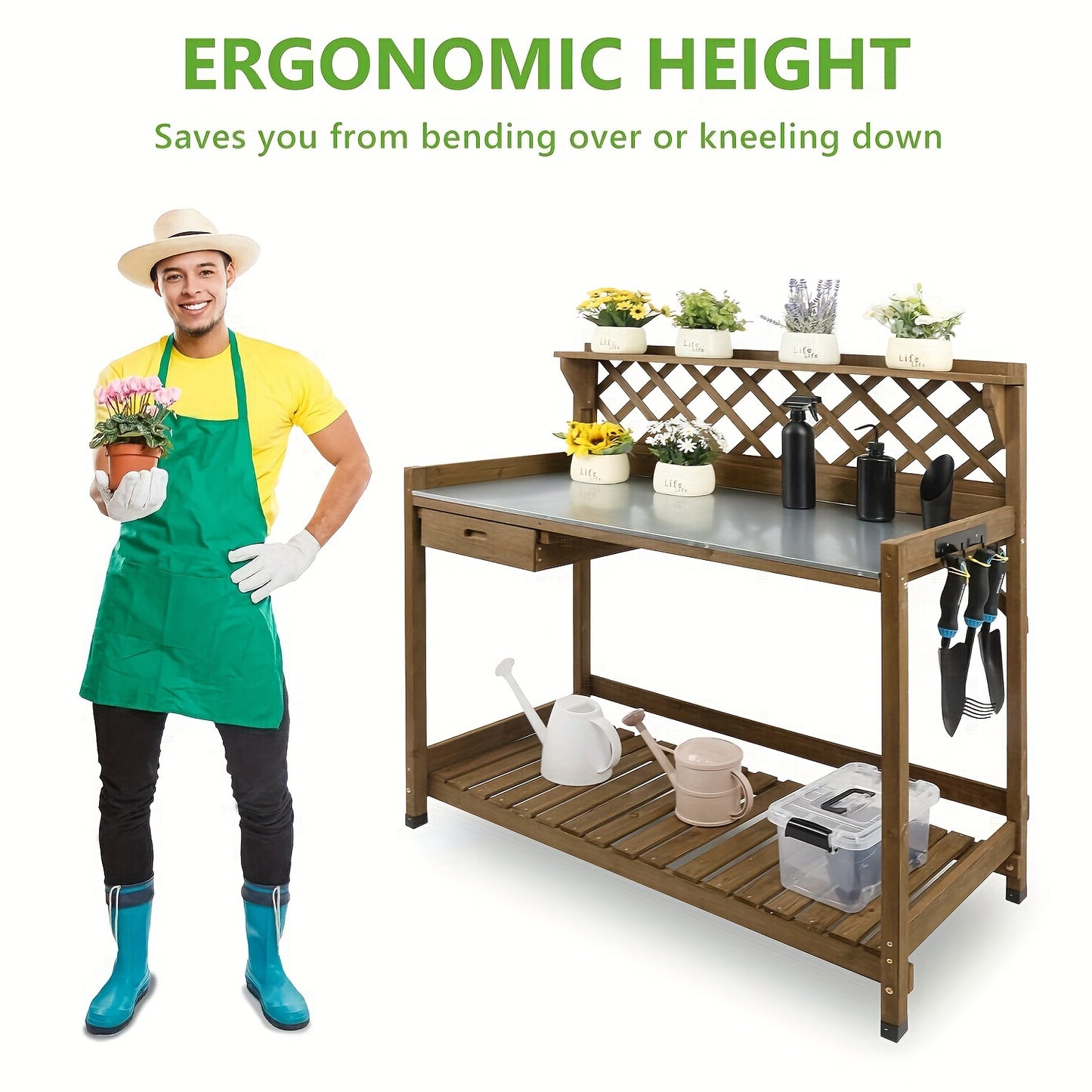 Wooden Potting Bench Table, Natural Wood Garden Work Station With Metal Table Top, Drawer, Large Bottom Shelf