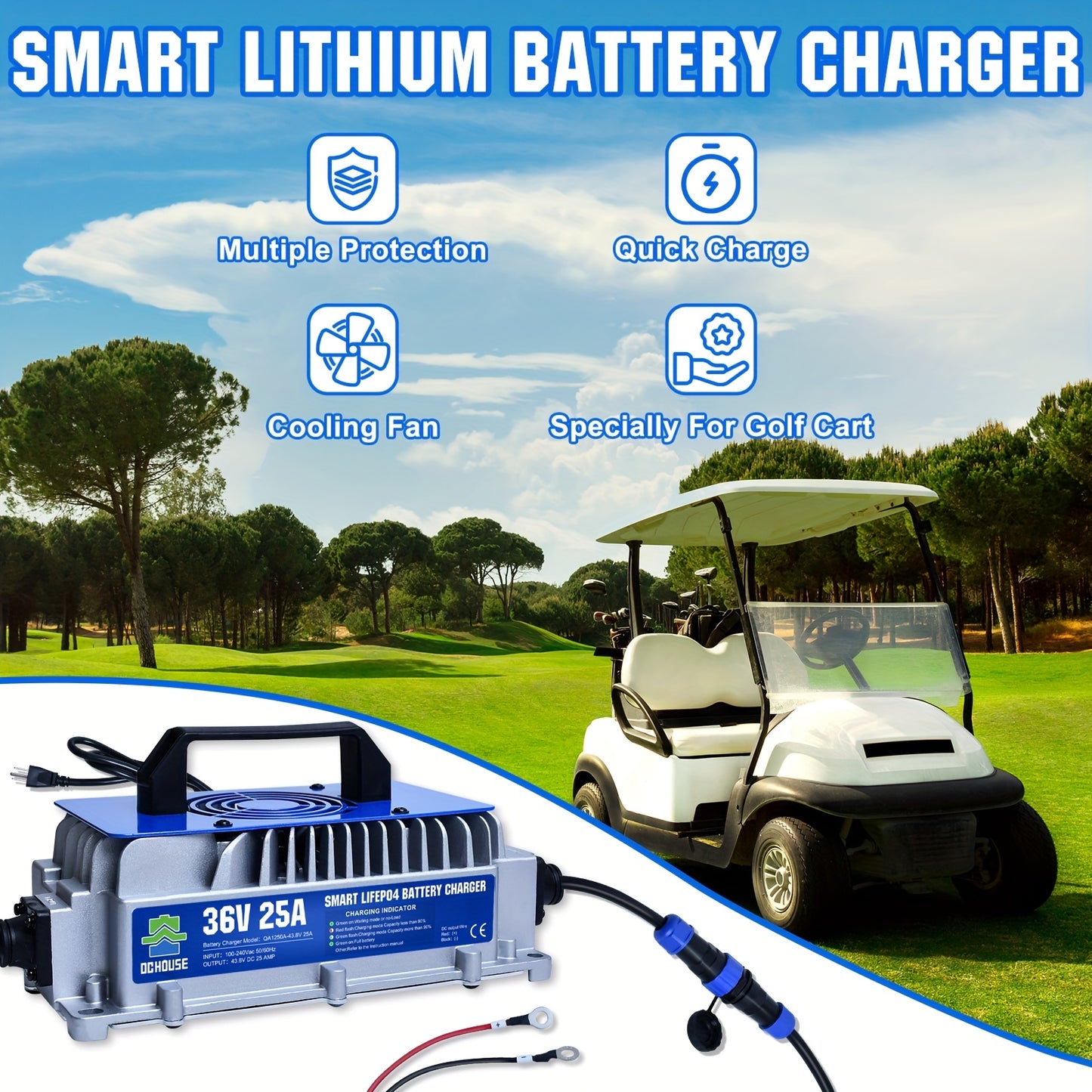 36V 25A Smart Lithium Battery Charger - Compact Aluminum Alloy with Built-In Cooling Fan, Overcharge & Short Circuit Protection