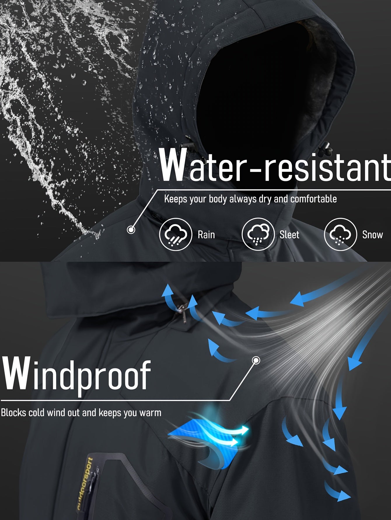 Men Winter Ski Snow Jacket - Multiple Zipper Pockets, Large Storage, Removable Hood, Adjustable Cuffs