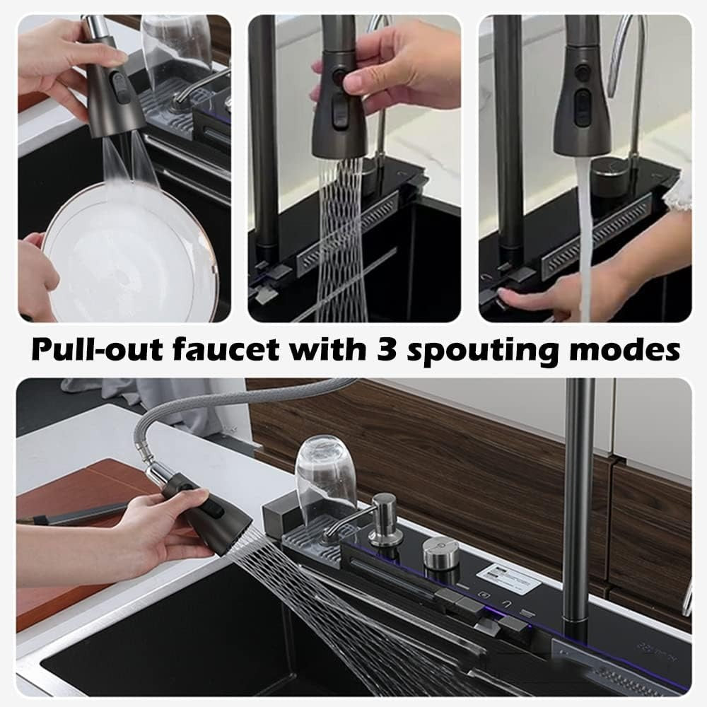 Multifunctional Workstation Kitchen Sink with Digital Display Pull-Out Faucet and Accessories