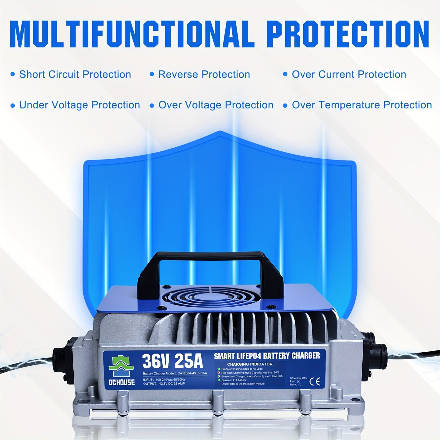 36V 25A Smart Lithium Battery Charger - Compact Aluminum Alloy with Built-In Cooling Fan, Overcharge & Short Circuit Protection