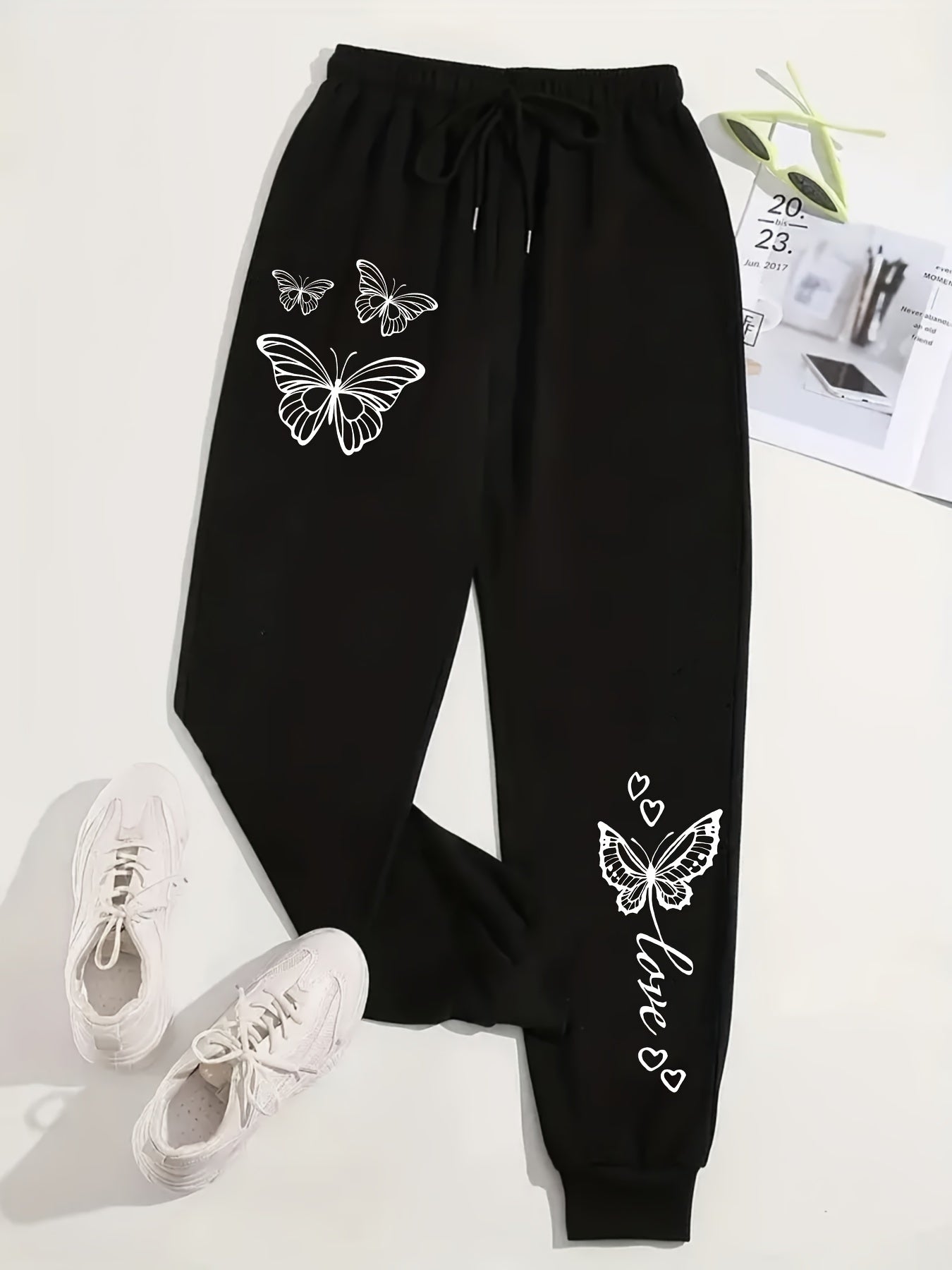 Plus Size Women's Sweatpants, Geometric Butterfly Pattern, 100% Polyester Knit Fabric, Durable Drawstring Pants