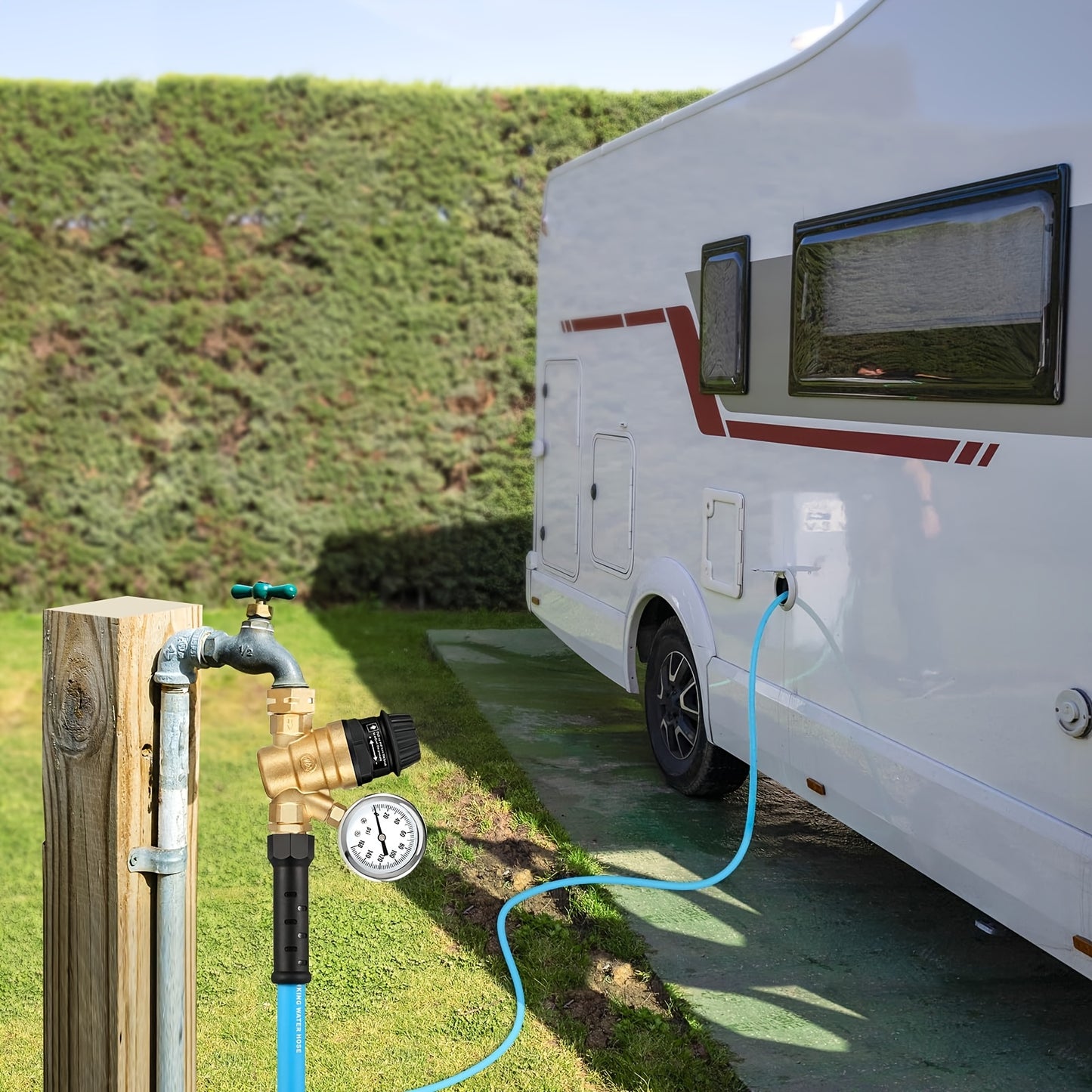 RV Water Pressure Regulator, Adjustable Handle Brass Lead-Free Reducer Valve, Water Pressure Regulator With Gauge And 2 Inlet Screened Filters