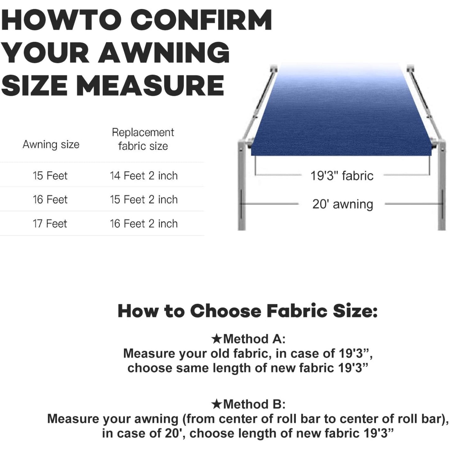 16' RV Awning Fabric Replacement Weatherproof Anti-Fading Awning Fabric Vinyl Canopy, Blue Fade (Fabric 15'2")