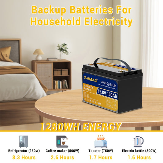 12.8V 100Ah 1280Wh LiFePO4 Battery, 20000+ Deep Cycle Rechargeable Lithium Batteries, Built-in 100A BMS