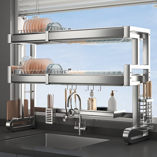 Telescopic 304 Stainless Steel Kitchen Sink Rack, Length Adjustable Cabinet Countertop Sink Dish Storage Rack