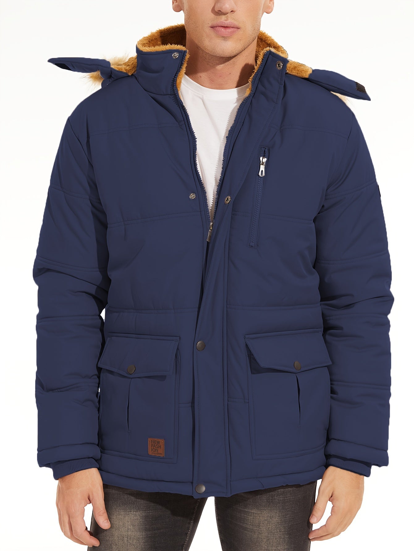 Big And Tall Men's Jacket Winter Full-Zip Fleece Lined Windproof Water-Resistant, Adjustable Hood - 5 Pocket Design Practical Storage Adjustable Cuffs And Hem