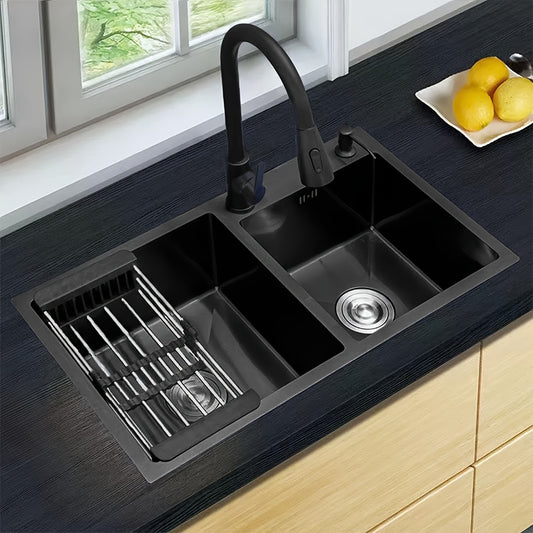 Black stainless steel double basin sink, pull out faucet set, drain basket, stainless steel, 28.34IN*15.74IN sink size, large capacity