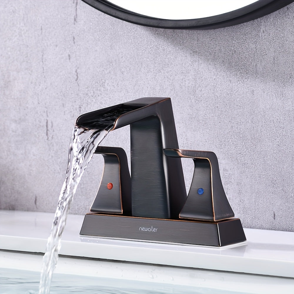 Modern Waterfall Center set Bathroom Sink Faucet - 2-Handle, Brushed Black with Golden Accents