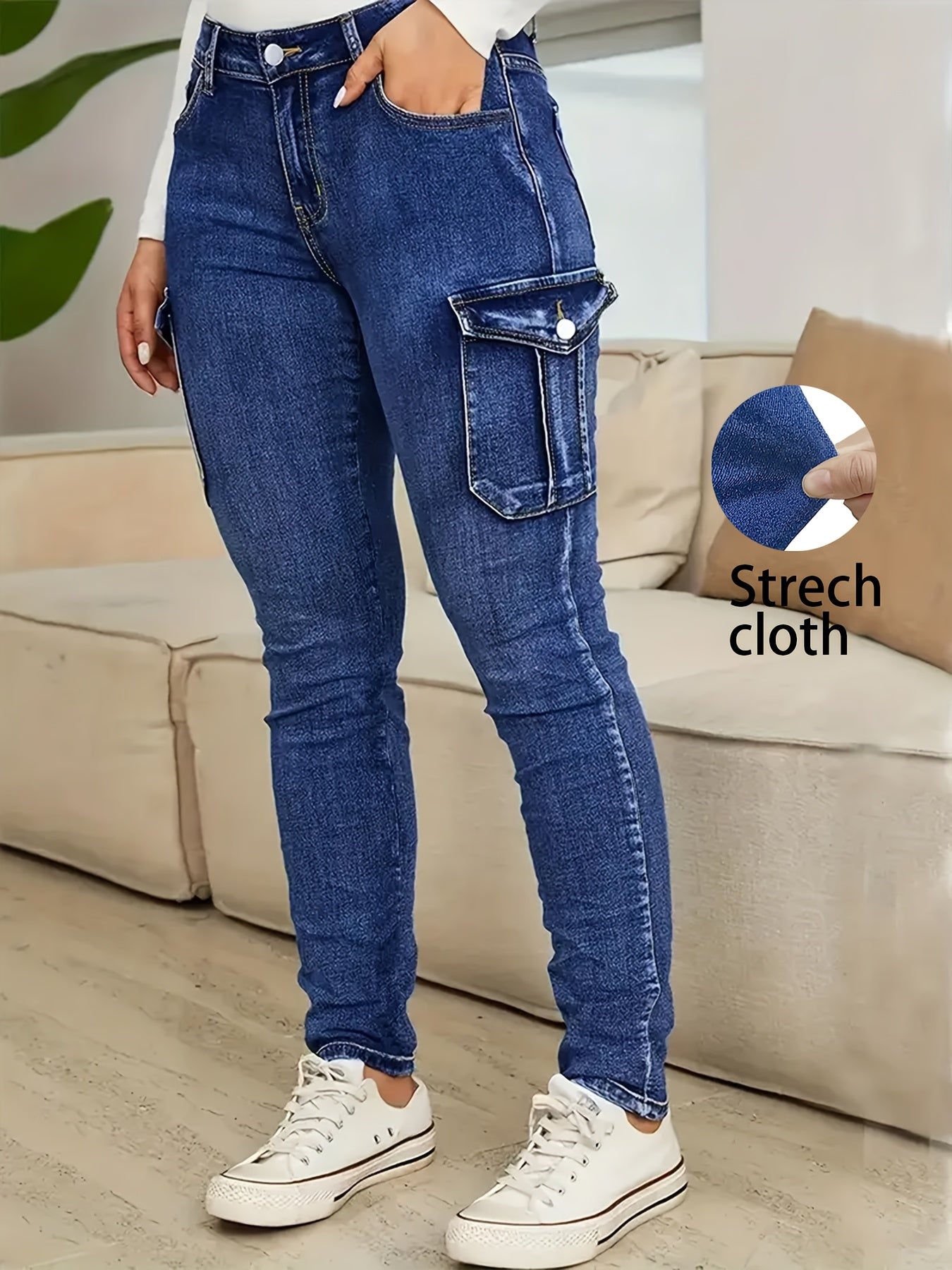 Women's Plus Size High-Waisted Jeans, Multi-Pocket Denim Pants