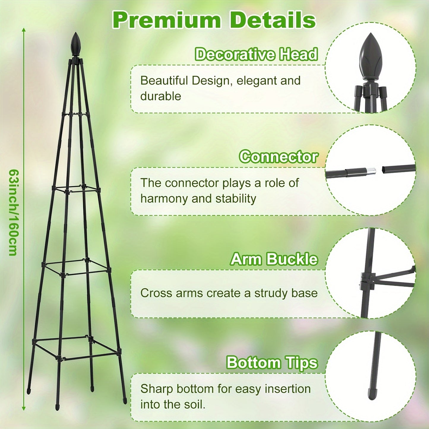 2 Pack Metal & Plastic Garden Obelisk Trellises, 63'', Triangular, Black, For Climbing Plants