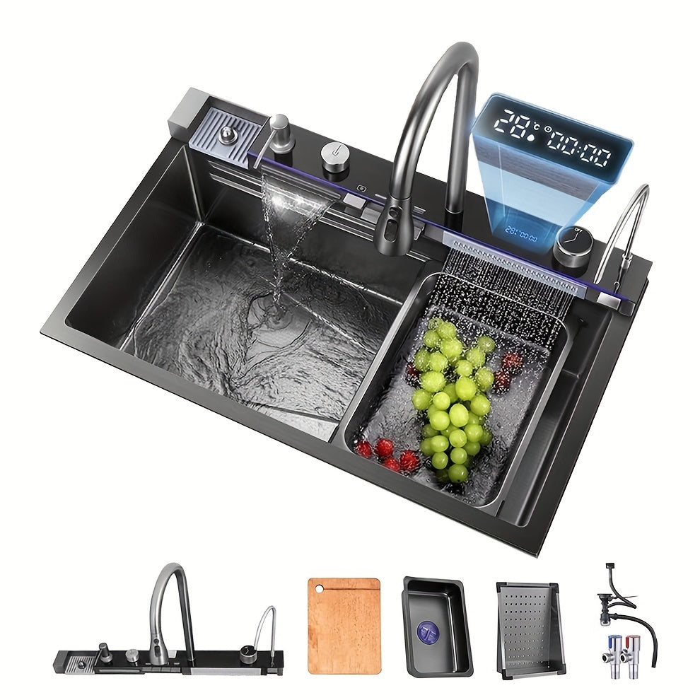 Multi-function Digital Display Waterfall Kitchen Sink, Black Stainless Steel Sink With Two Waterfalls And A Cup Washer