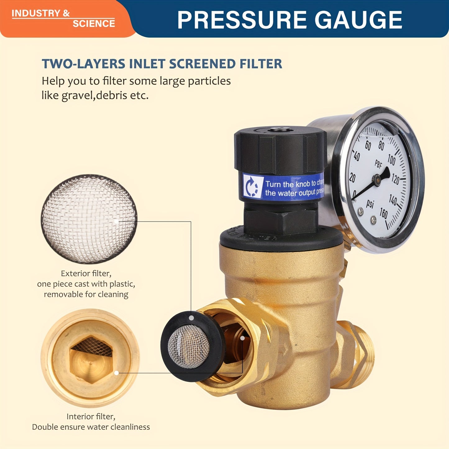 Adjustable Lead Free Brass RV Pressure Regulator, Liquid Filled Pressure Gauge 160psi And Inlet Screened Filter