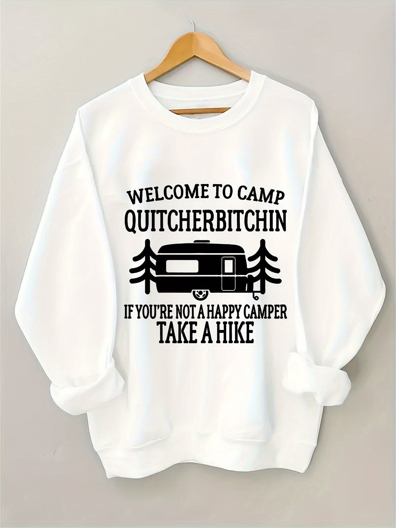 Women's Plus Size Crew Neck Pullover Sweatshirt - Alphabet Print "Welcome to Camp Quitcherbitchin" Graphic