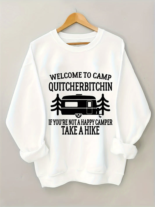 Women's Plus Size Crew Neck Pullover Sweatshirt - Alphabet Print "Welcome to Camp Quitcherbitchin" Graphic