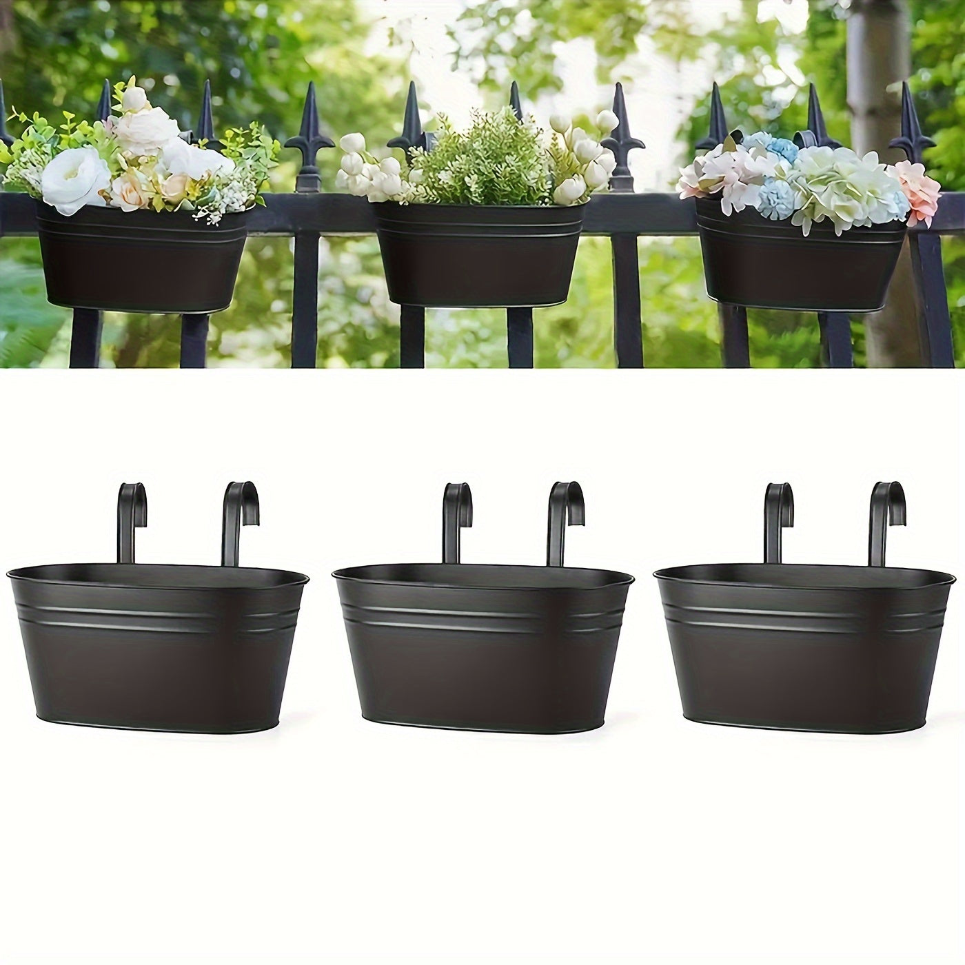 3/5 Pcs Large Iron Hanging Flower Pots - Caddies With Drainage Holes And Hooks For Outdoor Plants