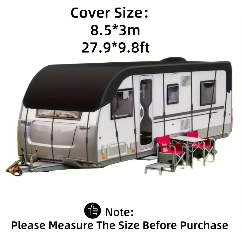 All-Weather RV Cover for Campers, Travel Trailers & Buses - Waterproof, Snow, Frost, Leaf, Rain & Dust Protection with Sun Shield, Lightweight Storage Bag, Adjustable Elastic Band + Hooks for Easy Installation