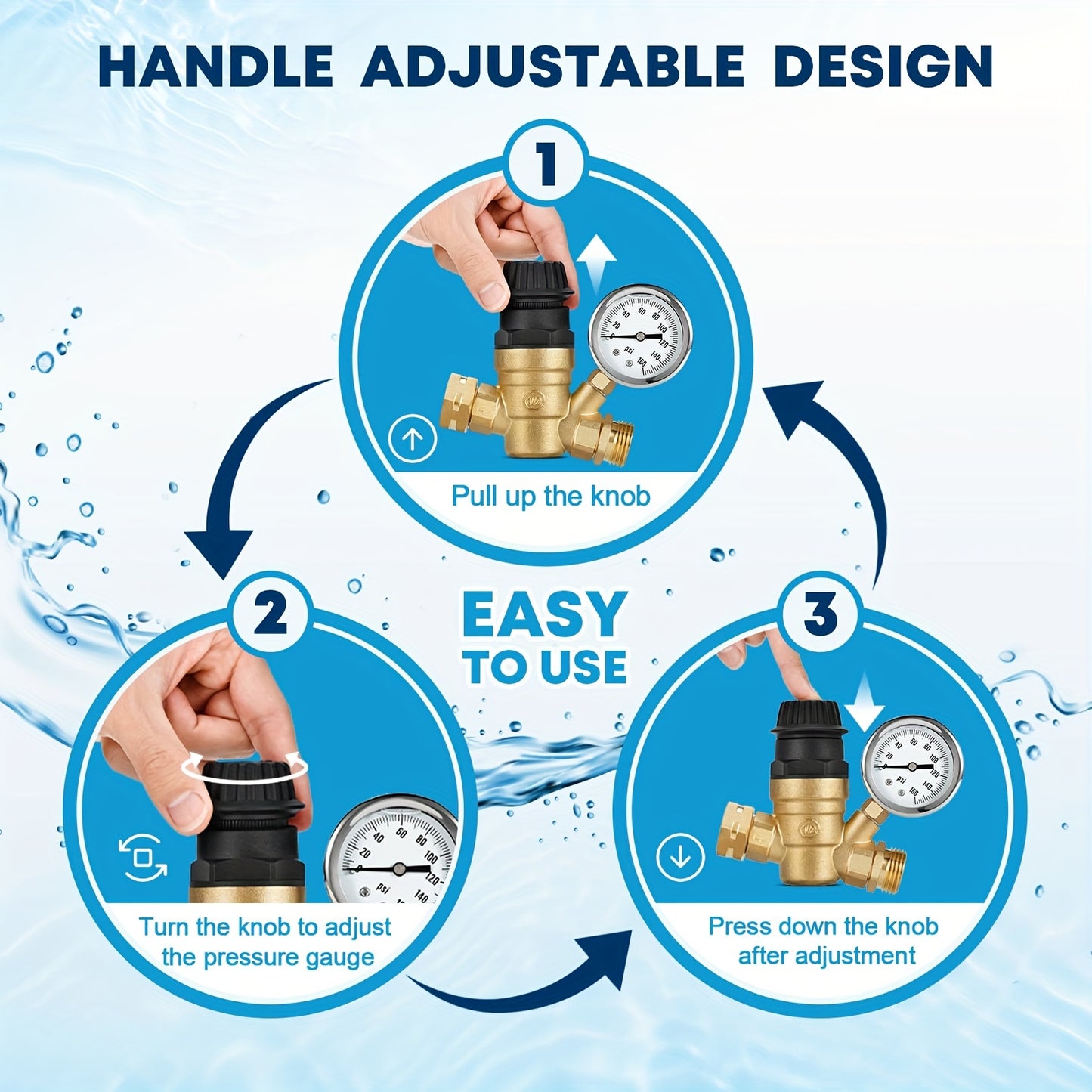 RV Water Pressure Regulator, Adjustable Handle Brass Lead-Free Reducer Valve, Water Pressure Regulator With Gauge And 2 Inlet Screened Filters